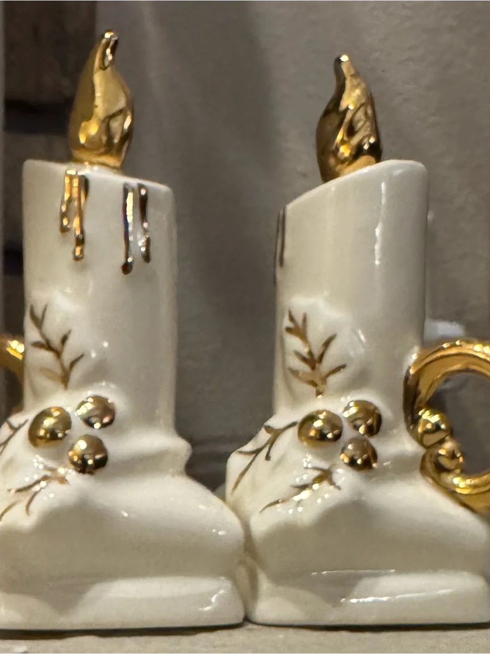 Vintage 1950‘s Christmas Candle Salt & Pepper Shakers Gold & White Ceramic